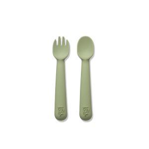 Conjunto Colher e Garfo Interbaby Silicone Verde Oliva
