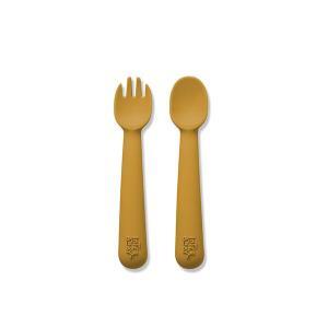 Conjunto Colher e Garfo Interbaby Silicone Amarelo Torrado