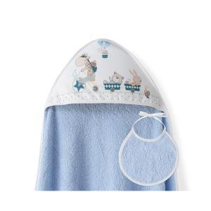 Toalha Banho + Babete Interbaby 100x100cm Girafa Bicicleta Azul