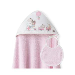 Toalha Banho + Babete Interbaby 100x100cm Girafa Bicicleta Rosa